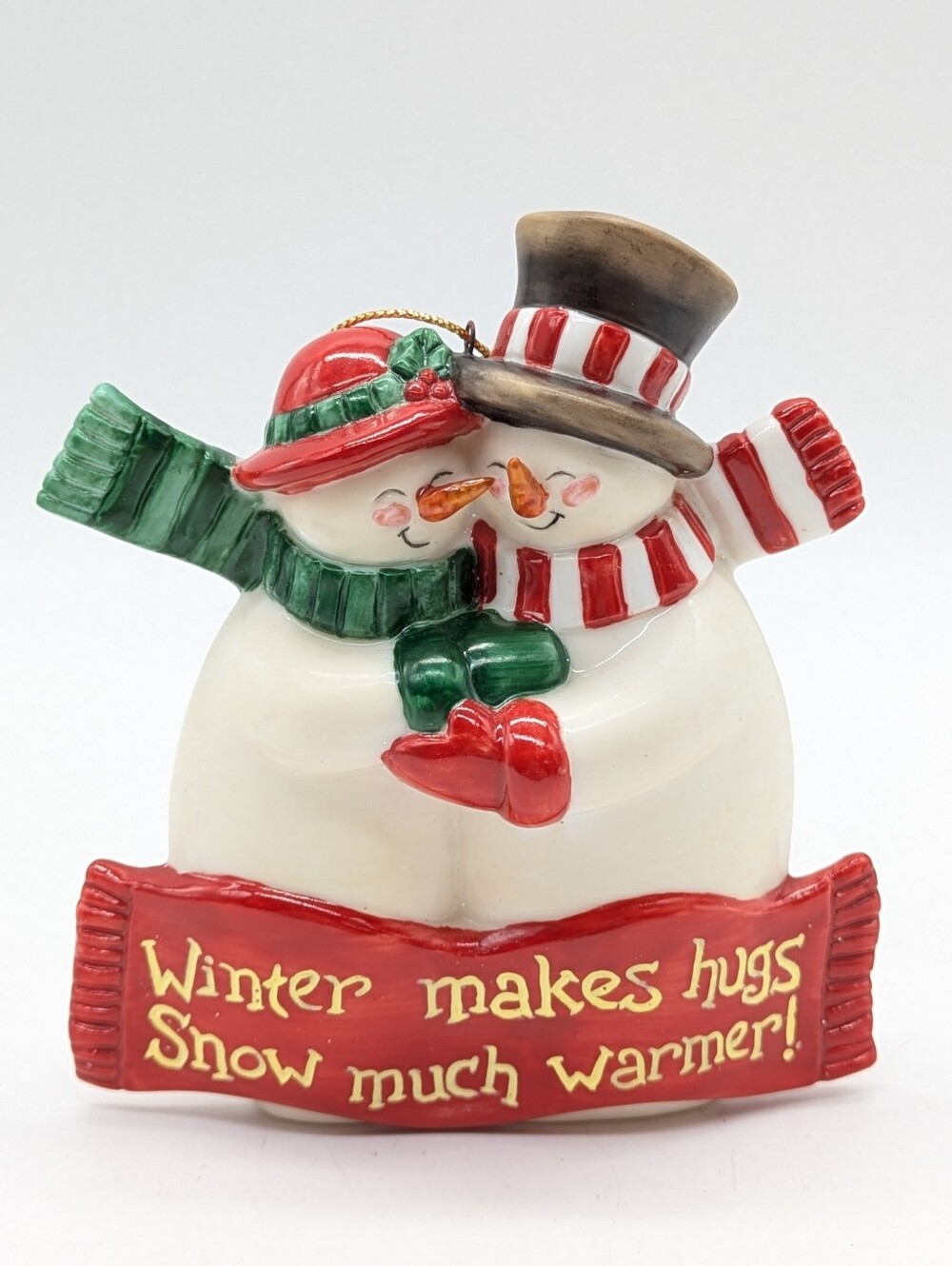 Vintage Ceramic Red White Green Snowmen Christmas Holiday Ornament